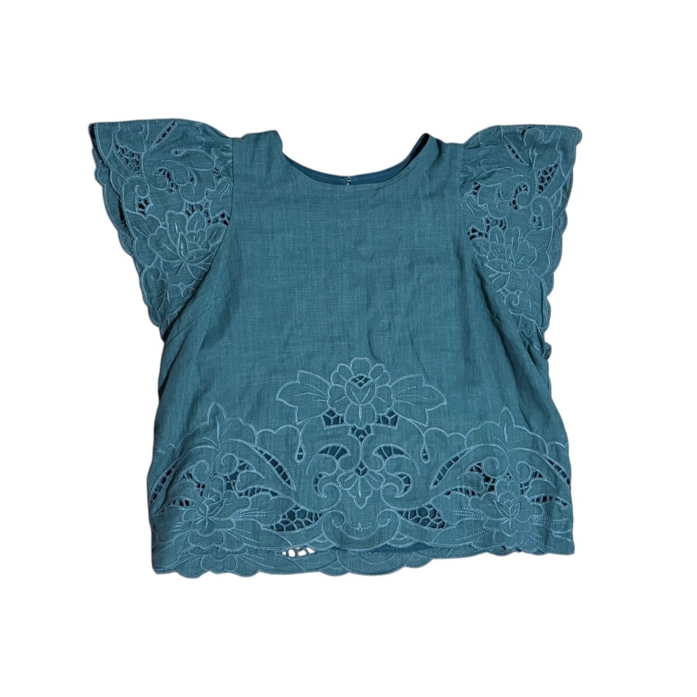Böhme Linen teal Eyelet Flutter Sleeve boxy‎ top sz S coastal boho cottagecore